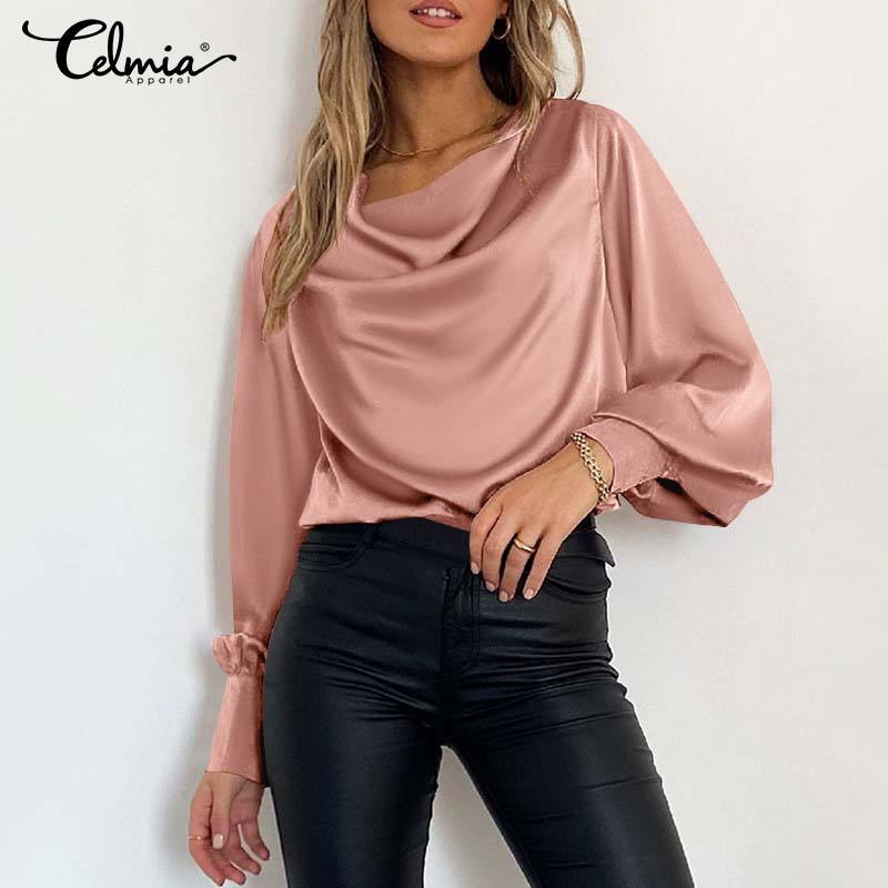 Elegant Satin Blouse Autumn Women Lantern Sleeve Long Shirts Fashion Cowl Neck Casual Solid Streetwear Tunic Tops