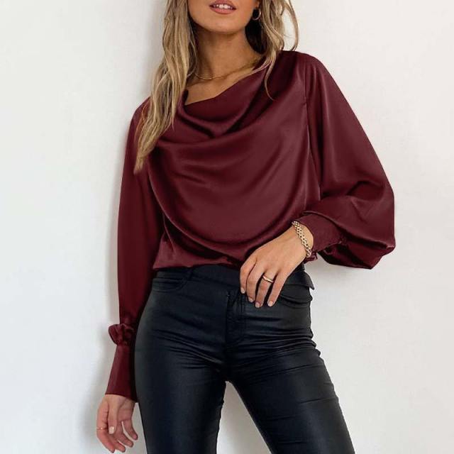 Elegant Satin Blouse Autumn Women Lantern Sleeve Long Shirts Fashion Cowl Neck Casual Solid Streetwear Tunic Tops