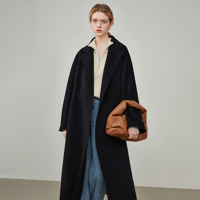 Women's Black Thick Lace Double-sided Woolen Coat Winter New Straight Long Camel Color Office Lady Woolen Jackets