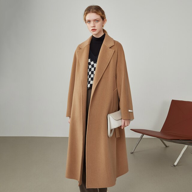 Women's Black Thick Lace Double-sided Woolen Coat Winter New Straight Long Camel Color Office Lady Woolen Jackets