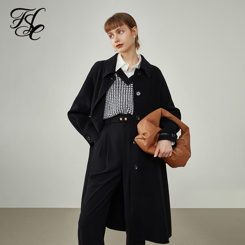 Women Mid-length Double-sided Woolen Coat Gentle Wind Skirt Type Creamy White 100% Wool Coat Commuter Simple Jackets