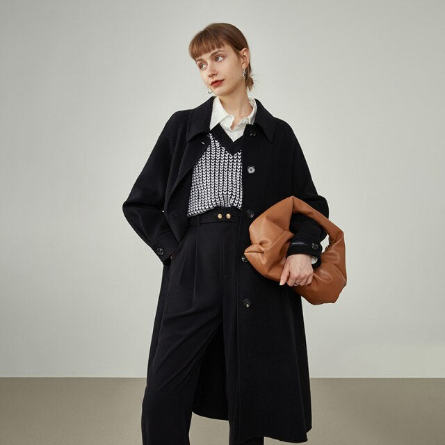 Women Mid-length Double-sided Woolen Coat Gentle Wind Skirt Type Creamy White 100% Wool Coat Commuter Simple Jackets