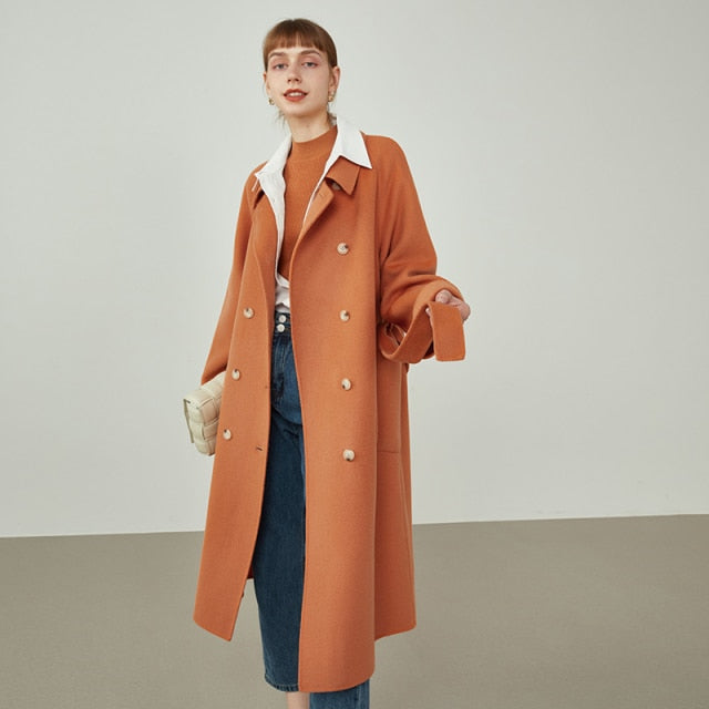 Women Small Lapel 100% Wool Double-faced Coat Double-breasted Buttons Straight Coat Raglan Sleeves Black Woolen Coats