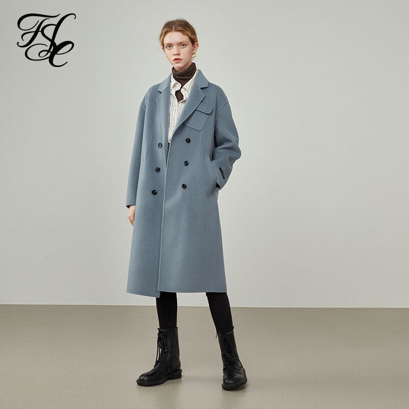 Women Winter Simple Dropped Shoulder Small Pocket Design Double-sided Woolen Coat Women Long Brown Warm Jackets