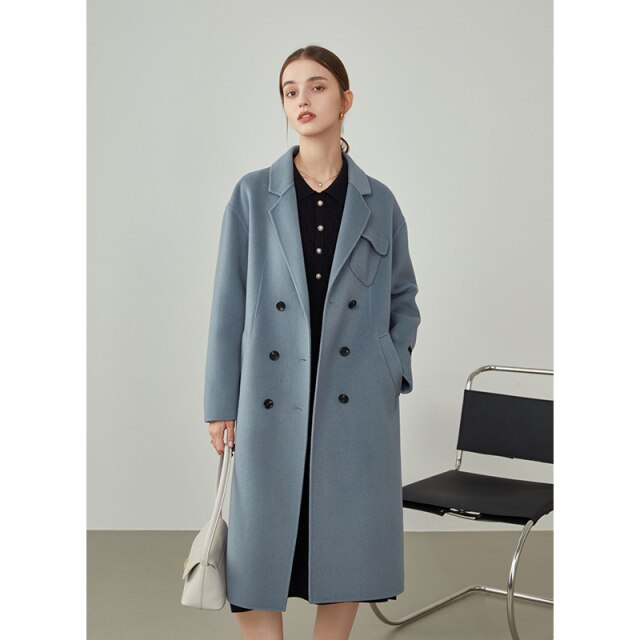 Women Winter Simple Dropped Shoulder Small Pocket Design Double-sided Woolen Coat Women Long Brown Warm Jackets