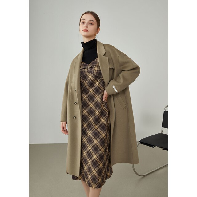 Women Winter Simple Dropped Shoulder Small Pocket Design Double-sided Woolen Coat Women Long Brown Warm Jackets