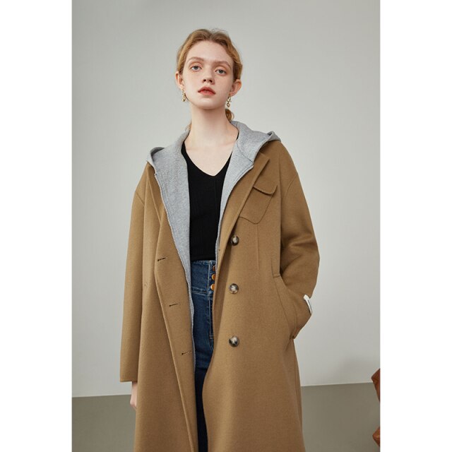 Women Winter Simple Dropped Shoulder Small Pocket Design Double-sided Woolen Coat Women Long Brown Warm Jackets