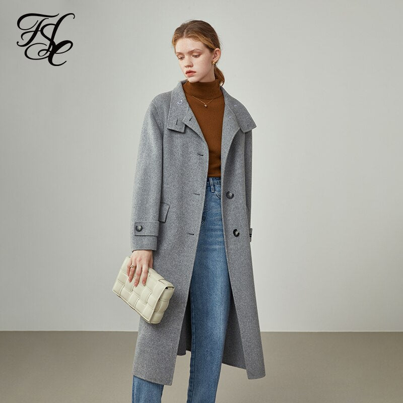 Women Winter 100% Wool Stand-up Collar Single-breasted Woolen Coat Straight Grey Commuter Cashmere Jackets For Women