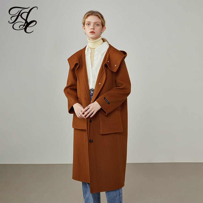 Women's winter hooded big pocket double-sided woolen coat women beige Straight single-breasted orange cashmere coats