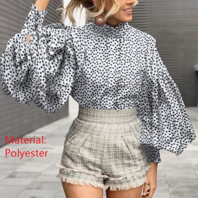 xakxx Fashion Women Big Lantern Sleeve Blouse Elegant Party Shirts Autumn Stand Collar Casual Solid Vintage Tops OL Blusas