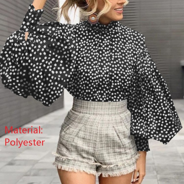 xakxx Fashion Women Big Lantern Sleeve Blouse Elegant Party Shirts Autumn Stand Collar Casual Solid Vintage Tops OL Blusas
