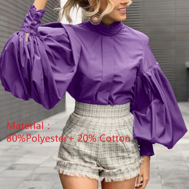 xakxx Fashion Women Big Lantern Sleeve Blouse Elegant Party Shirts Autumn Stand Collar Casual Solid Vintage Tops OL Blusas