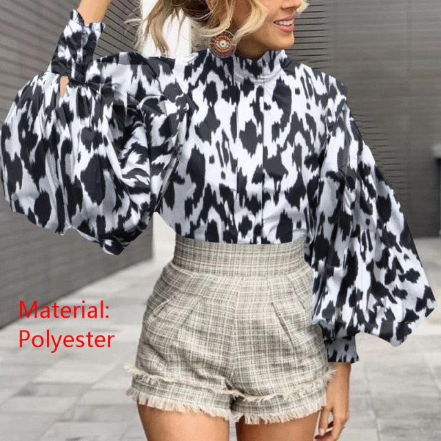 xakxx Fashion Women Big Lantern Sleeve Blouse Elegant Party Shirts Autumn Stand Collar Casual Solid Vintage Tops OL Blusas