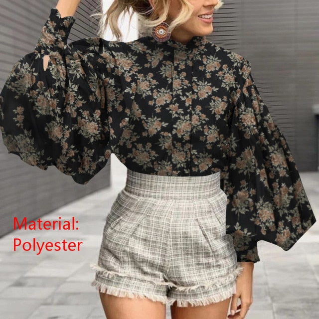 xakxx Fashion Women Big Lantern Sleeve Blouse Elegant Party Shirts Autumn Stand Collar Casual Solid Vintage Tops OL Blusas