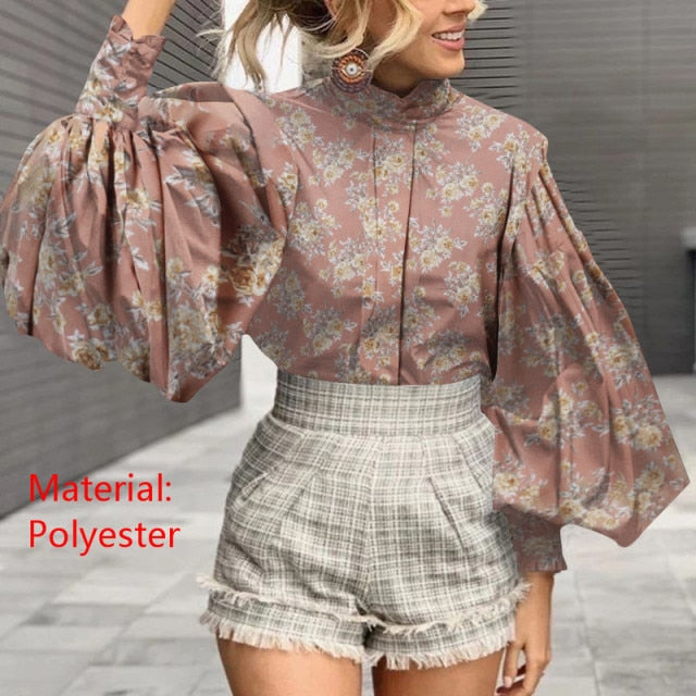 xakxx Fashion Women Big Lantern Sleeve Blouse Elegant Party Shirts Autumn Stand Collar Casual Solid Vintage Tops OL Blusas