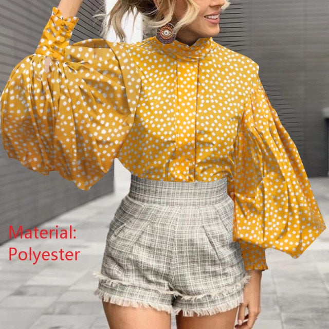 xakxx Fashion Women Big Lantern Sleeve Blouse Elegant Party Shirts Autumn Stand Collar Casual Solid Vintage Tops OL Blusas