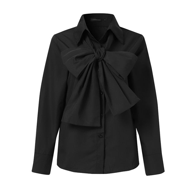xakxx Women Elegant Bow Tie White Shirts Autumn Long Sleeve Fashion Tops Casual Party Blouse Oversized Blusas Femininas