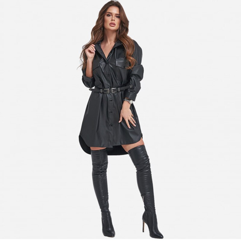 Women PU Pockets Vintage Sashes Side Split Mini A Line Dress Long Sleeve Turn Down Collar Elegant Dress Spring Women Dress