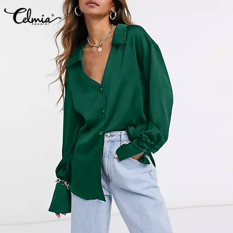 Women Satin Elegant Shirts Celmia Fashion Long Sleeve Office Solid Tops Autumn Ladies Casual Lapel Collar Button Blouses