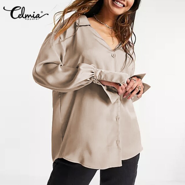 Women Satin Elegant Shirts Celmia Fashion Long Sleeve Office Solid Tops Autumn Ladies Casual Lapel Collar Button Blouses