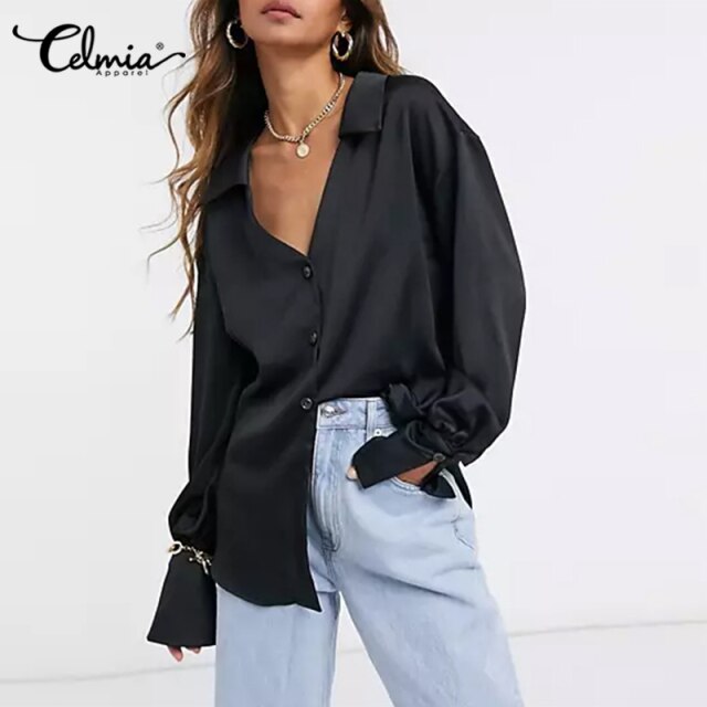Women Satin Elegant Shirts Celmia Fashion Long Sleeve Office Solid Tops Autumn Ladies Casual Lapel Collar Button Blouses