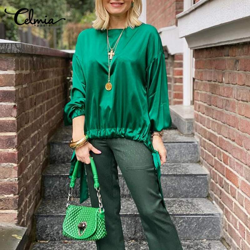 Celmia Elegant Office Satin Shirts Women Blouse Slik Stylish Tops Casual O-Neck Long Sleeve Drawstring Autumn Blusas