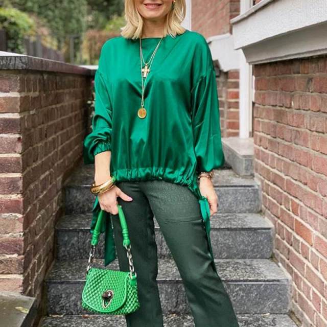 Celmia Elegant Office Satin Shirts Women Blouse Slik Stylish Tops Casual O-Neck Long Sleeve Drawstring Autumn Blusas
