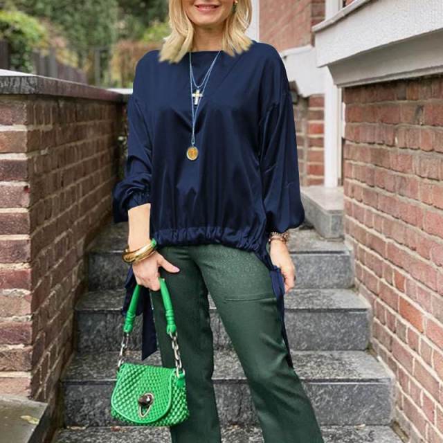 Celmia Elegant Office Satin Shirts Women Blouse Slik Stylish Tops Casual O-Neck Long Sleeve Drawstring Autumn Blusas