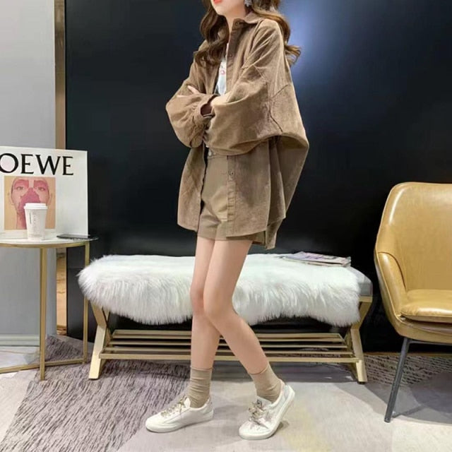 xakxx Women Casual Front Button Loose Purple Corduroy Blouse Lantern Sleeve Turn Down Collar High Street Shirt Winter Fashion Top