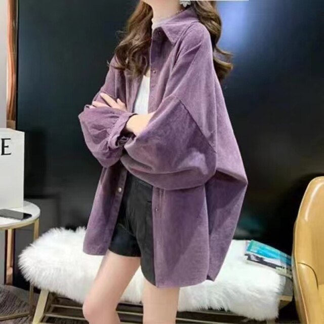 xakxx Women Casual Front Button Loose Purple Corduroy Blouse Lantern Sleeve Turn Down Collar High Street Shirt Winter Fashion Top