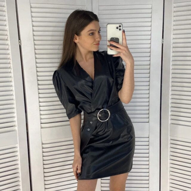 Women Vintage PU Deep V Neck A Line Mini Dress Solid Short Sleeve Sashes Elegant Prom Dress Spring New Fashion Women Dress