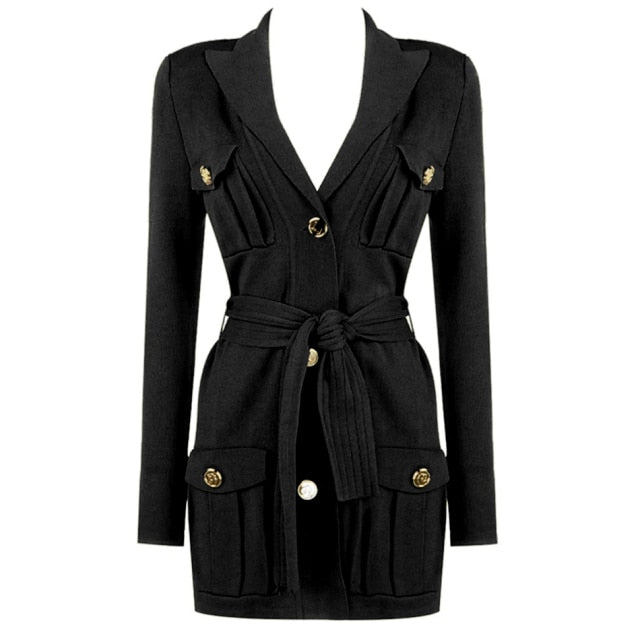 High Quality Women Green Knitted Coat Jacket Long-Sleeved Single-Breasted Pocket Lace-Up Fashion Female Elegant Slim Jacket