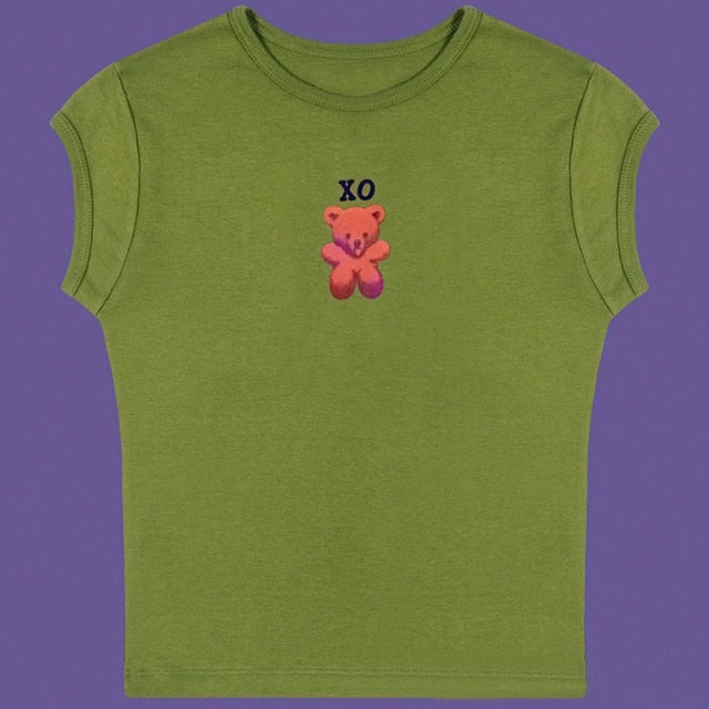 Bear Baby Tee Cartoon Bear Graphic Short Sleeve Crop Tank Top Women Aesthetic e-Girl Y2K Outfit /