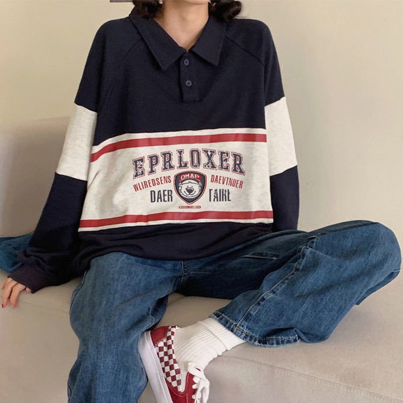 Womens Oversized Sweatshirt Cute Bear Letter Print Long Sleeve Polo-Collar Pullover Sweatshirts Prep Girl Harajuku Outfits