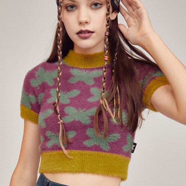 Butterfly Knit Top Y2K Soft Fuzzy Jacquard Short Sleeve Mock Neck Crop Tee Womem Streetwear Aesthetic Clothes