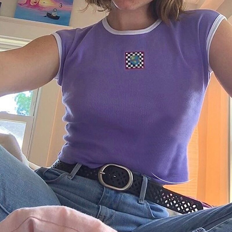 Purple Baby Tee Sleeveless Patchwork Earth Crop Tank Top Women Aesthetic e-Girl Y2K Outfit /