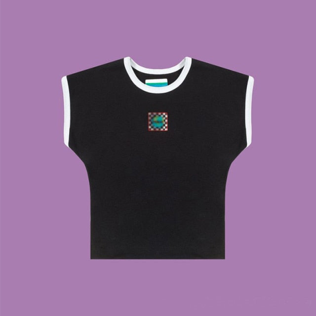 Purple Baby Tee Sleeveless Patchwork Earth Crop Tank Top Women Aesthetic e-Girl Y2K Outfit /