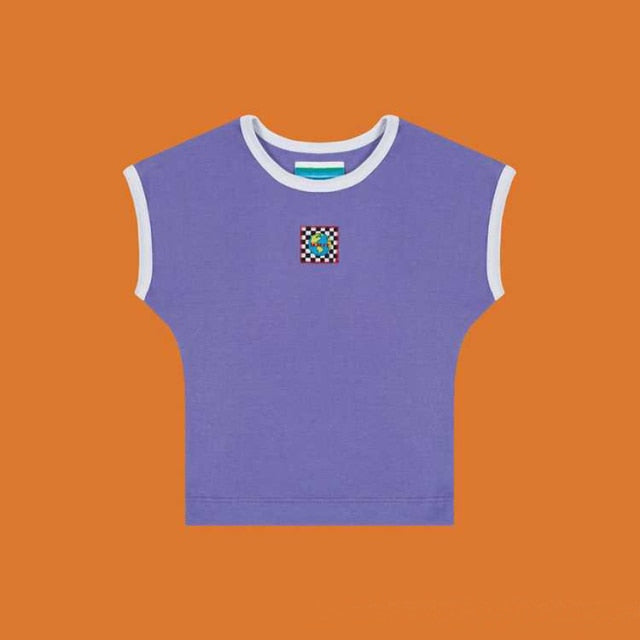 Purple Baby Tee Sleeveless Patchwork Earth Crop Tank Top Women Aesthetic e-Girl Y2K Outfit /