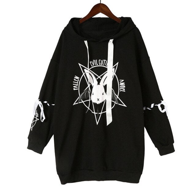 Alt Girl Hoodies Women Black Goth Bunny Pentacle Print Oversized Lace-up Sleeve Hooded Sweatshirts Harajuku e-girl Aesthetic /