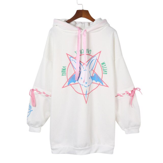 Alt Girl Hoodies Women Black Goth Bunny Pentacle Print Oversized Lace-up Sleeve Hooded Sweatshirts Harajuku e-girl Aesthetic /