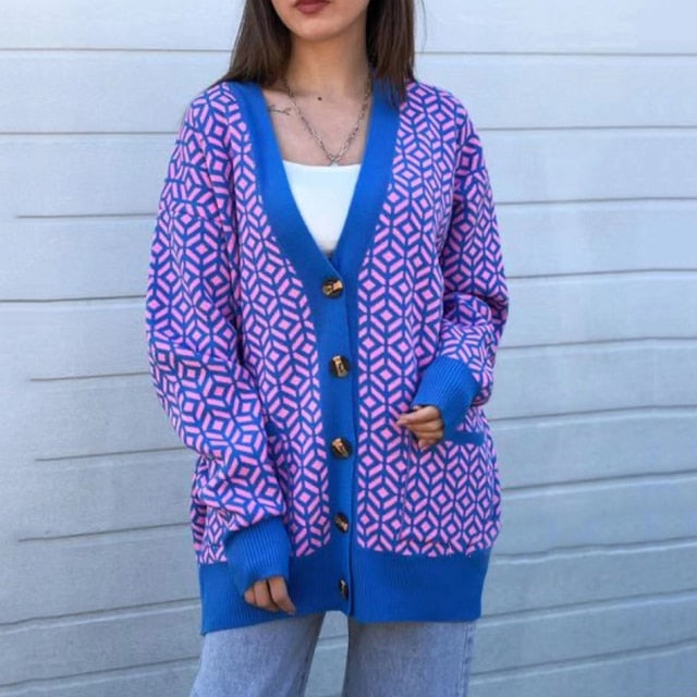 Women Plaid Cardigan Sweater Spring Autumn New Ins Popular Retro French Female Loose Knitted Cardigan Length Sweater Jacket