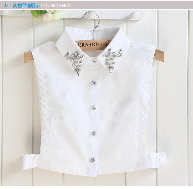 xakxx Vintage fashion White Half Shirt Detachable High-grade crystal female blouse Fake collar top Blouses Peter pan Detachable Collar
