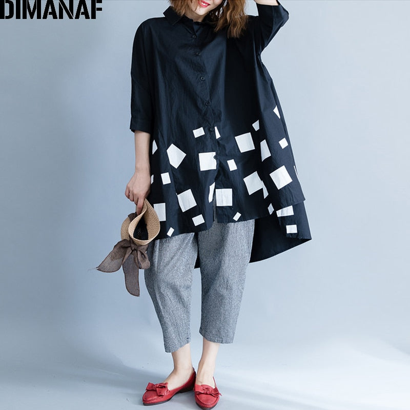 Women Blouse Shirts Long Sleeve Cotton Top Autumn Femme Lady Large Loose Clothing Print Spliced Pleated Plus Size Black