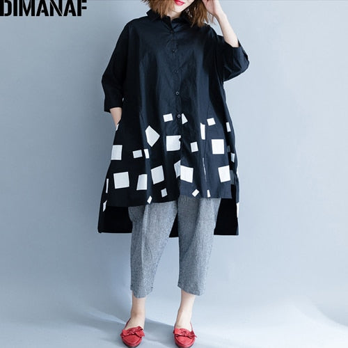 Women Blouse Shirts Long Sleeve Cotton Top Autumn Femme Lady Large Loose Clothing Print Spliced Pleated Plus Size Black