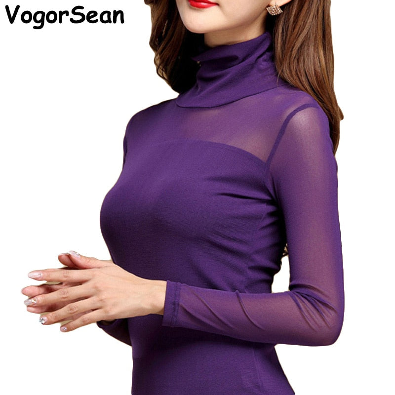 xakxx Women Mesh Elastic Blouse Shirt Autumn Winter Casual Tops and Blouses Turtleneck Long Sleeve Slim Plus Size New Sexy Stretch