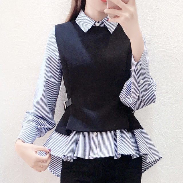 Female Patchwork Shirt Womens Tops Office Blouse Fake Collar ladies Blue Stripe Slim Casual Autumn Warm Shirts Long Sleeve 2PC