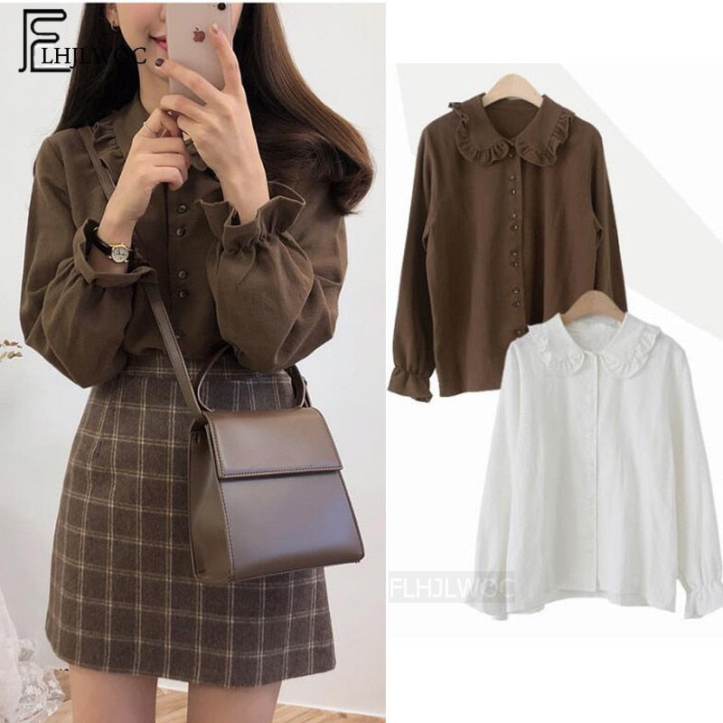 xakxx Basic Shirts Blouses Hot Sales Women Fashion Design Korean Preppy Style Flare Sleeve Peter Pan Collar White Button Shirt