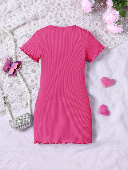 Butterfly Design Frill Trim Short Sleeve Bodycon Dress For Girls Summer Gift Holiday