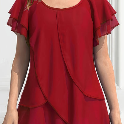 Vibrant Color Crew Neck Blouse - Ruffled Sleeve, Layered, Casual, Spring & Summer Essential - Women's Clothing for Everyday Wear