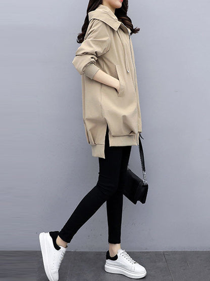 xakxx Casual Loose 4 Colors Pleated Zipper Hooded Long Sleeves Outwear